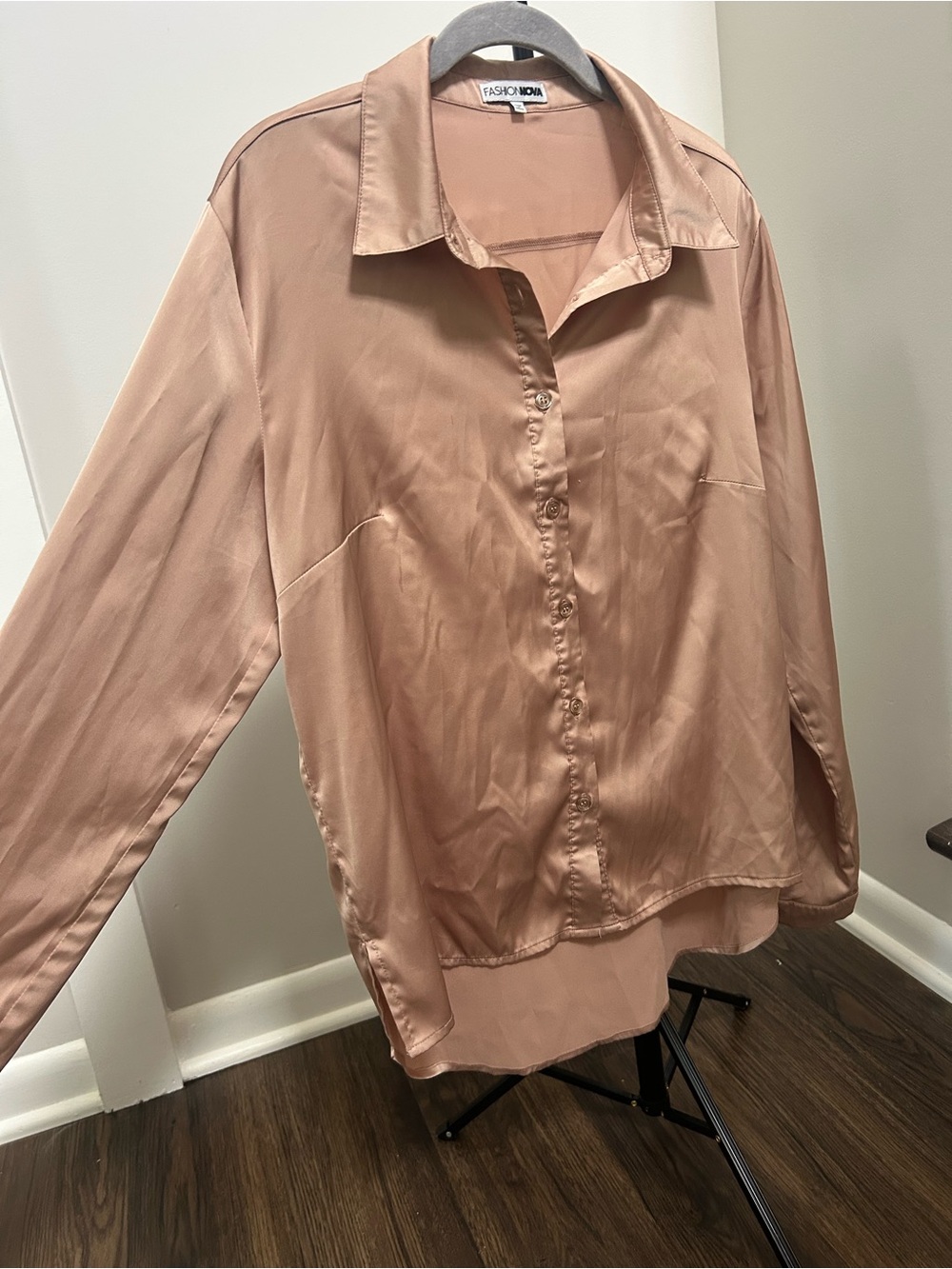 FASHION NOVA Rose Blush Satin Button-Down Shirt